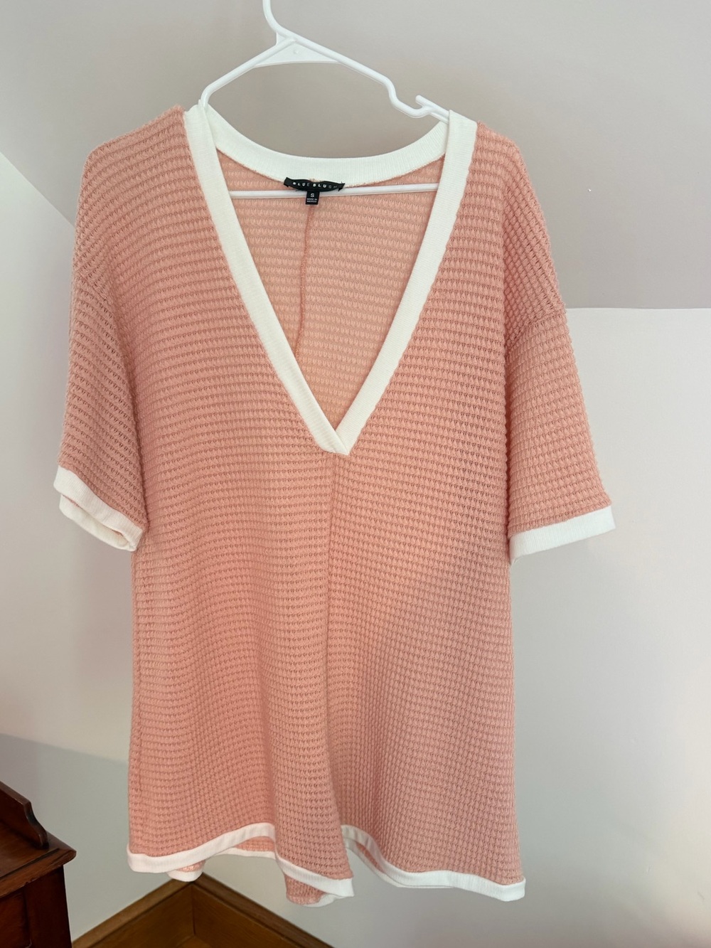 Peach Knit V-Neck Romper Coverup with White Trim